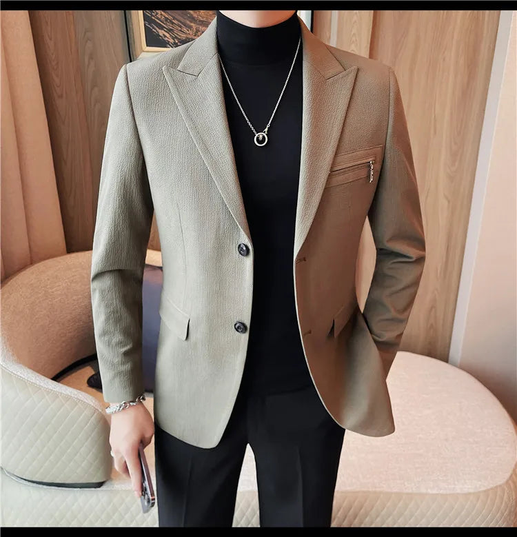 Luxury Business Blazers Men's Zipper Design Slim Fit Casual Office Social Suit Blazer Banquet Party Wedding Groom Dress Coat