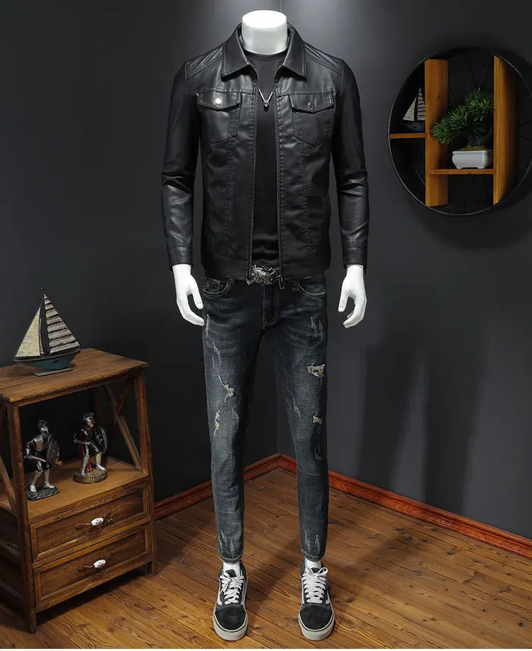 Men's lapel leather jacket autumn oversized slim motorcycle riding suit winter thickened PU leather waterproof work clothes