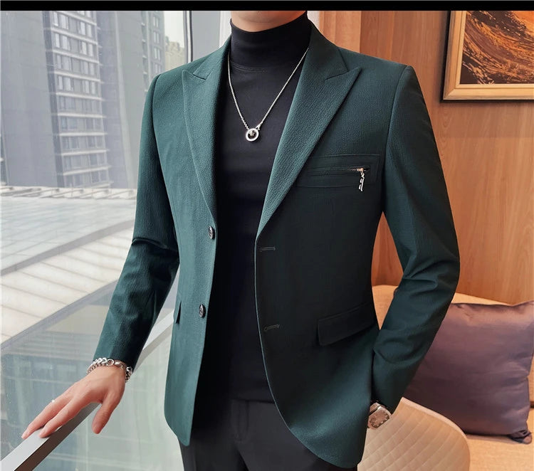 Luxury Business Blazers Men's Zipper Design Slim Fit Casual Office Social Suit Blazer Banquet Party Wedding Groom Dress Coat