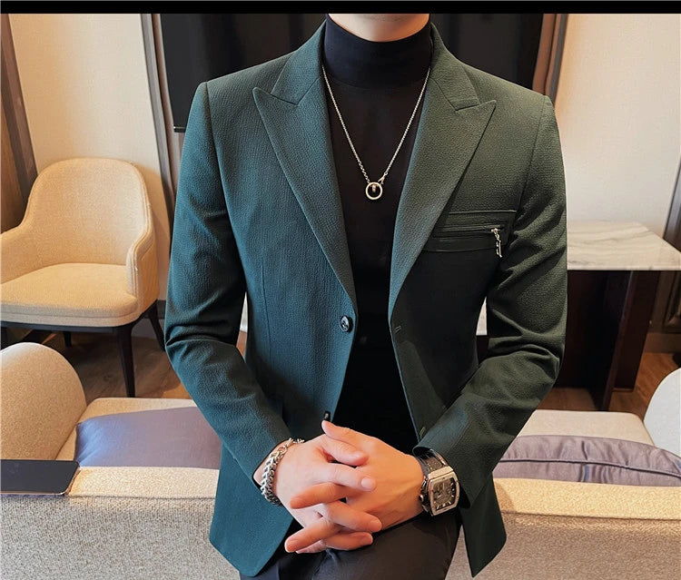 Luxury Business Blazers Men's Zipper Design Slim Fit Casual Office Social Suit Blazer Banquet Party Wedding Groom Dress Coat