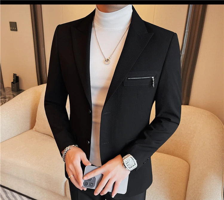 Luxury Business Blazers Men's Zipper Design Slim Fit Casual Office Social Suit Blazer Banquet Party Wedding Groom Dress Coat