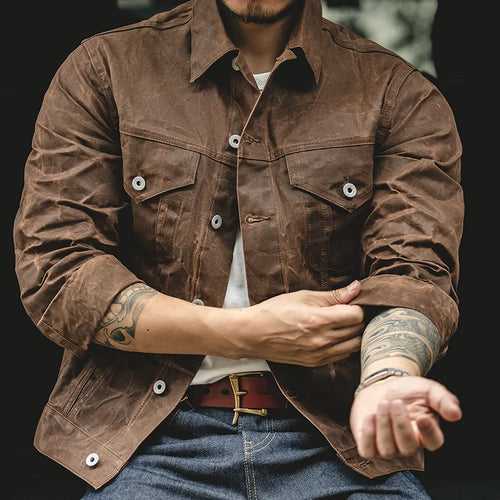 Maden Retro Heavyweight Canvas Oil Waxed Jacket Cotton Waterproof Hunting Coat Male Spring Khaki Casual Work Safari Style Jacket