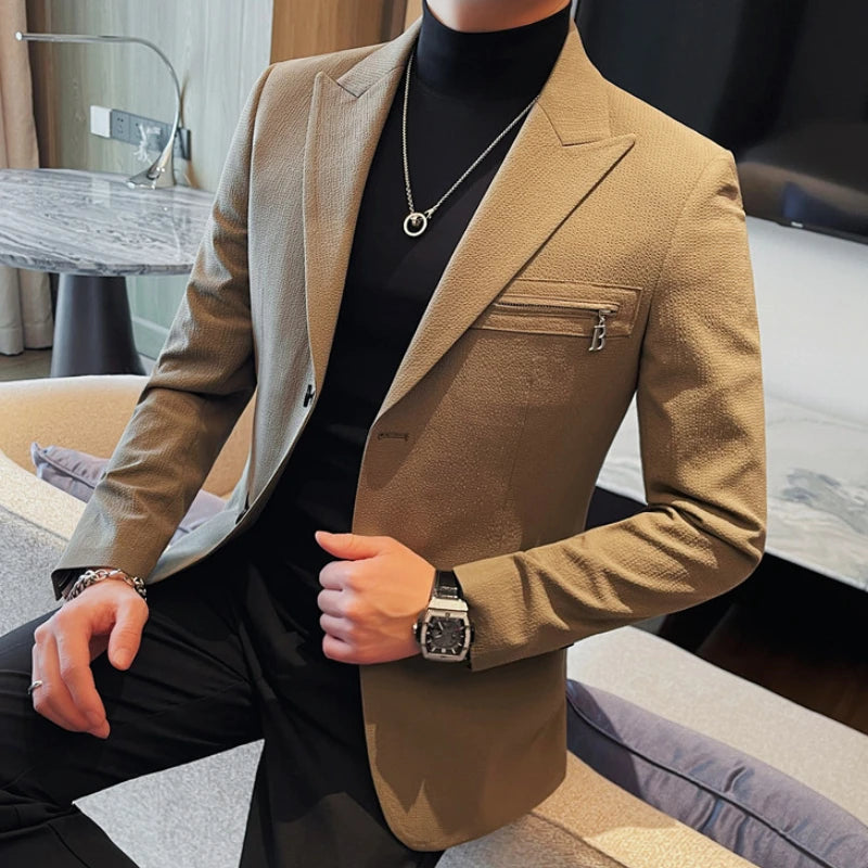 Luxury Business Blazers Men's Zipper Design Slim Fit Casual Office Social Suit Blazer Banquet Party Wedding Groom Dress Coat