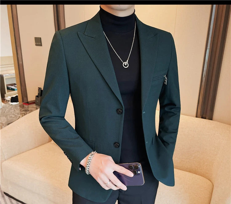 Luxury Business Blazers Men's Zipper Design Slim Fit Casual Office Social Suit Blazer Banquet Party Wedding Groom Dress Coat