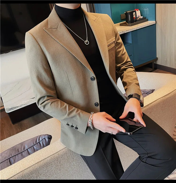 Luxury Business Blazers Men's Zipper Design Slim Fit Casual Office Social Suit Blazer Banquet Party Wedding Groom Dress Coat