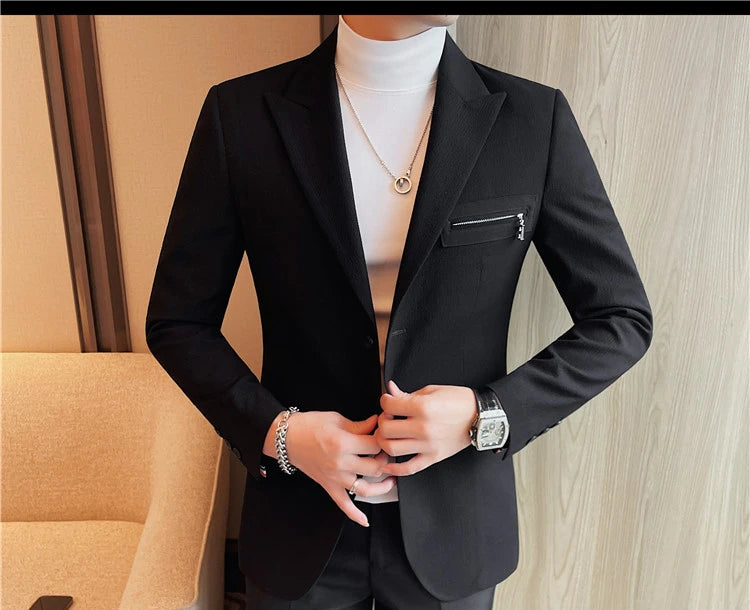 Luxury Business Blazers Men's Zipper Design Slim Fit Casual Office Social Suit Blazer Banquet Party Wedding Groom Dress Coat