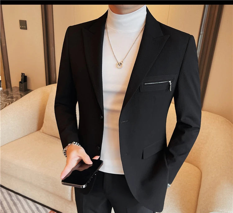 Luxury Business Blazers Men's Zipper Design Slim Fit Casual Office Social Suit Blazer Banquet Party Wedding Groom Dress Coat