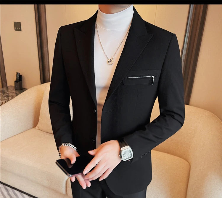 Luxury Business Blazers Men's Zipper Design Slim Fit Casual Office Social Suit Blazer Banquet Party Wedding Groom Dress Coat