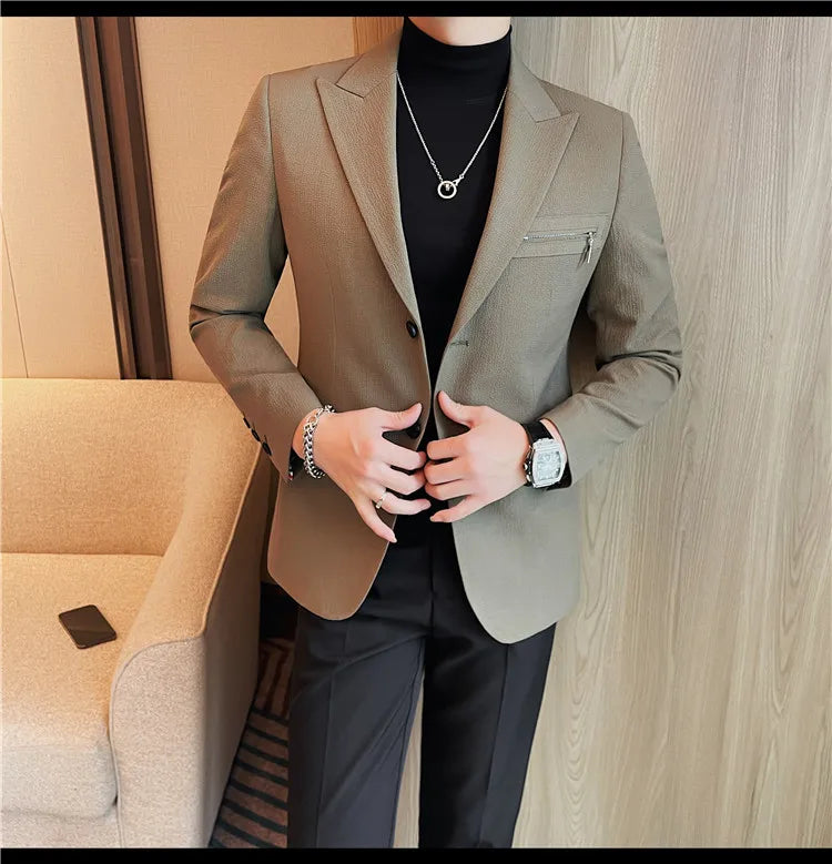 Luxury Business Blazers Men's Zipper Design Slim Fit Casual Office Social Suit Blazer Banquet Party Wedding Groom Dress Coat