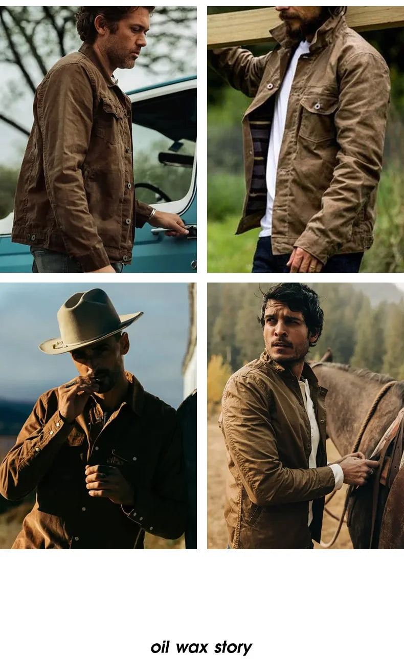 Maden Retro Heavyweight Canvas Oil Waxed Jacket Cotton Waterproof Hunting Coat Male Spring Khaki Casual Work Safari Style Jacket