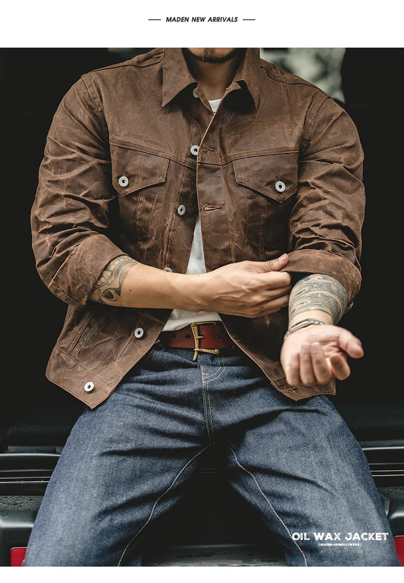 Maden Retro Heavyweight Canvas Oil Waxed Jacket Cotton Waterproof Hunting Coat Male Spring Khaki Casual Work Safari Style Jacket