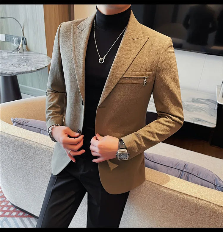 Luxury Business Blazers Men's Zipper Design Slim Fit Casual Office Social Suit Blazer Banquet Party Wedding Groom Dress Coat