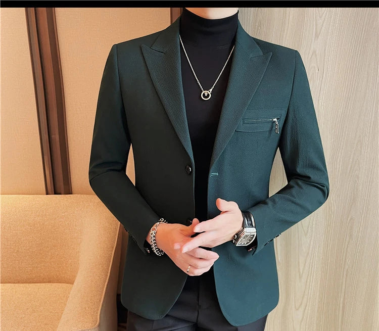 Luxury Business Blazers Men's Zipper Design Slim Fit Casual Office Social Suit Blazer Banquet Party Wedding Groom Dress Coat