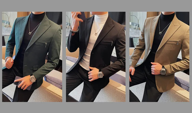 Luxury Business Blazers Men's Zipper Design Slim Fit Casual Office Social Suit Blazer Banquet Party Wedding Groom Dress Coat