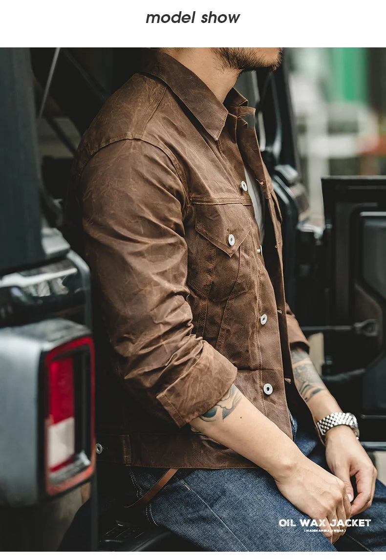 Maden Retro Heavyweight Canvas Oil Waxed Jacket Cotton Waterproof Hunting Coat Male Spring Khaki Casual Work Safari Style Jacket