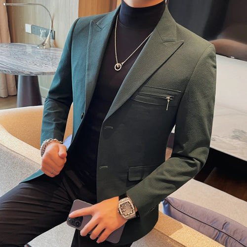 Luxury Business Blazers Men's Zipper Design Slim Fit Casual Office Social Suit Blazer Banquet Party Wedding Groom Dress Coat