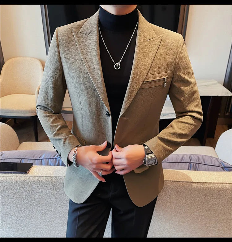 Luxury Business Blazers Men's Zipper Design Slim Fit Casual Office Social Suit Blazer Banquet Party Wedding Groom Dress Coat