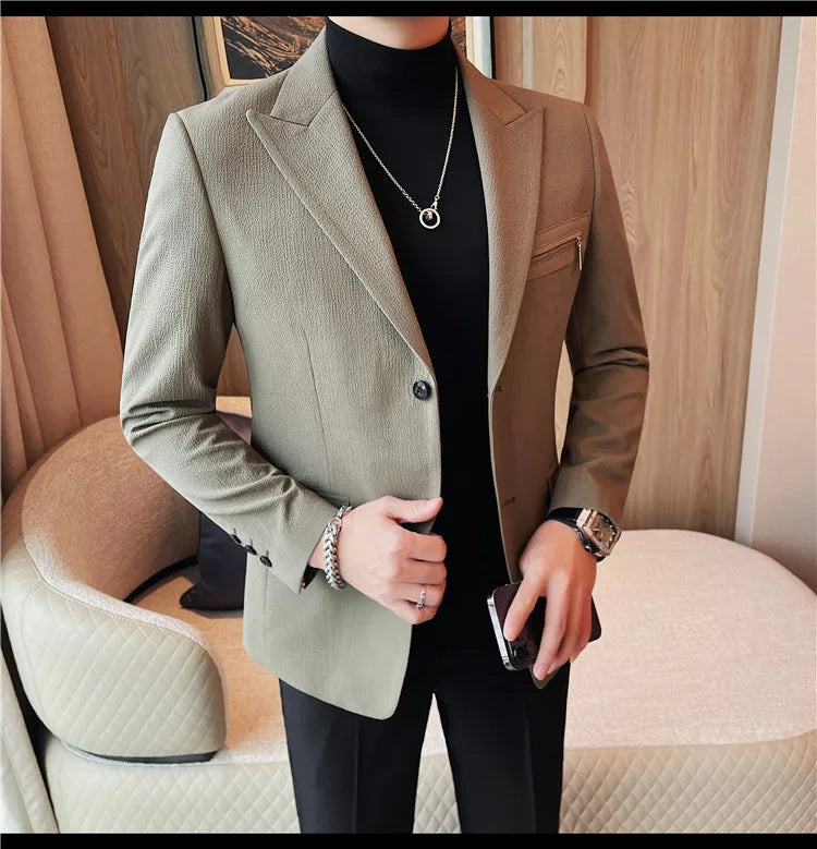 Luxury Business Blazers Men's Zipper Design Slim Fit Casual Office Social Suit Blazer Banquet Party Wedding Groom Dress Coat