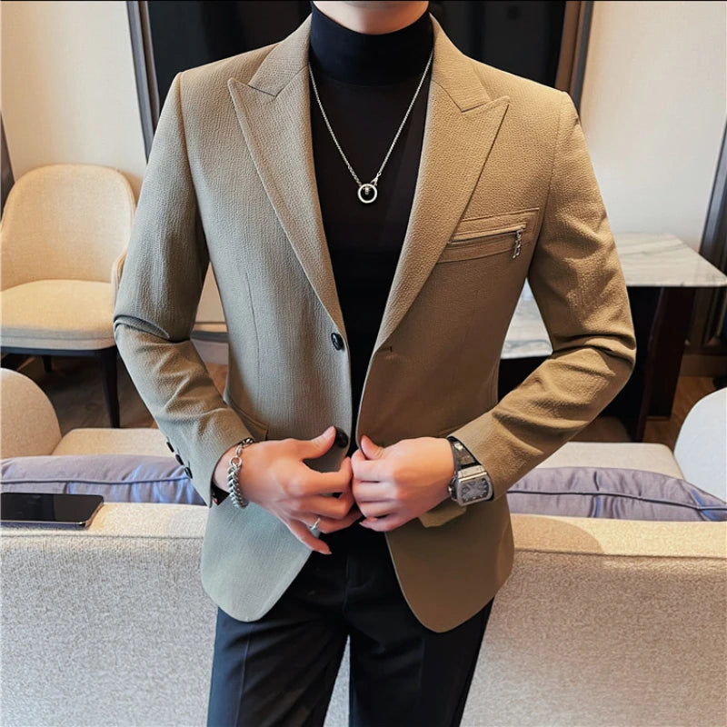 Luxury Business Blazers Men's Zipper Design Slim Fit Casual Office Social Suit Blazer Banquet Party Wedding Groom Dress Coat