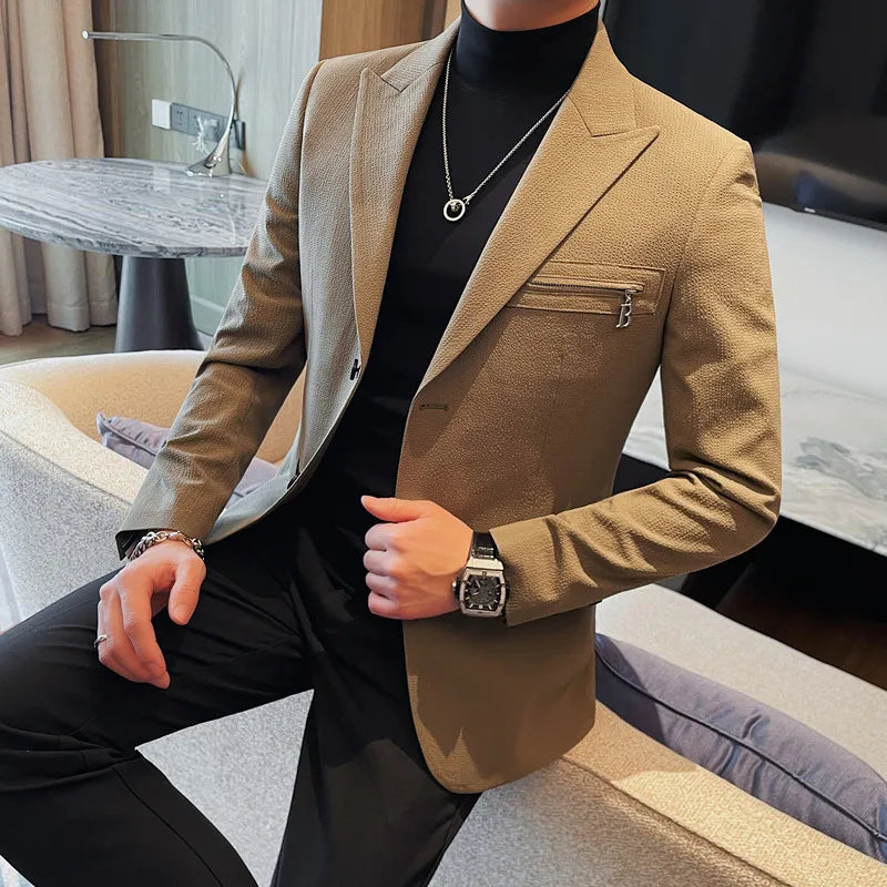 Luxury Business Blazers Men's Zipper Design Slim Fit Casual Office Social Suit Blazer Banquet Party Wedding Groom Dress Coat