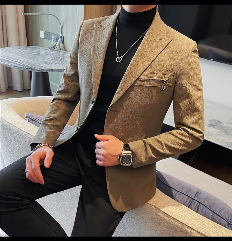Luxury Business Blazers Men's Zipper Design Slim Fit Casual Office Social Suit Blazer Banquet Party Wedding Groom Dress Coat