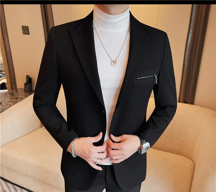 Luxury Business Blazers Men's Zipper Design Slim Fit Casual Office Social Suit Blazer Banquet Party Wedding Groom Dress Coat