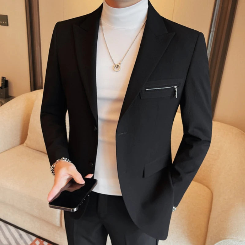 Luxury Business Blazers Men's Zipper Design Slim Fit Casual Office Social Suit Blazer Banquet Party Wedding Groom Dress Coat