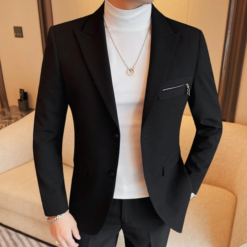 Luxury Business Blazers Men's Zipper Design Slim Fit Casual Office Social Suit Blazer Banquet Party Wedding Groom Dress Coat