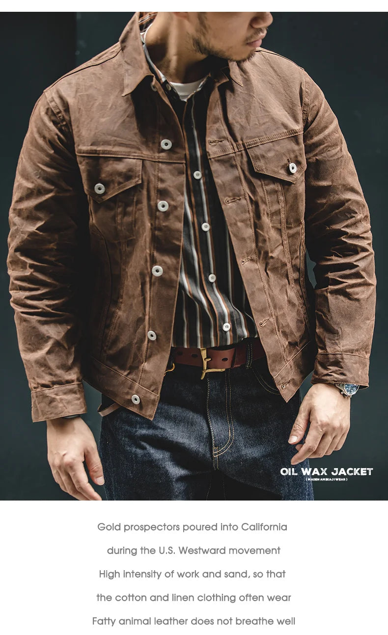 Maden Retro Heavyweight Canvas Oil Waxed Jacket Cotton Waterproof Hunting Coat Male Spring Khaki Casual Work Safari Style Jacket