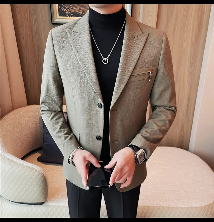 Luxury Business Blazers Men's Zipper Design Slim Fit Casual Office Social Suit Blazer Banquet Party Wedding Groom Dress Coat