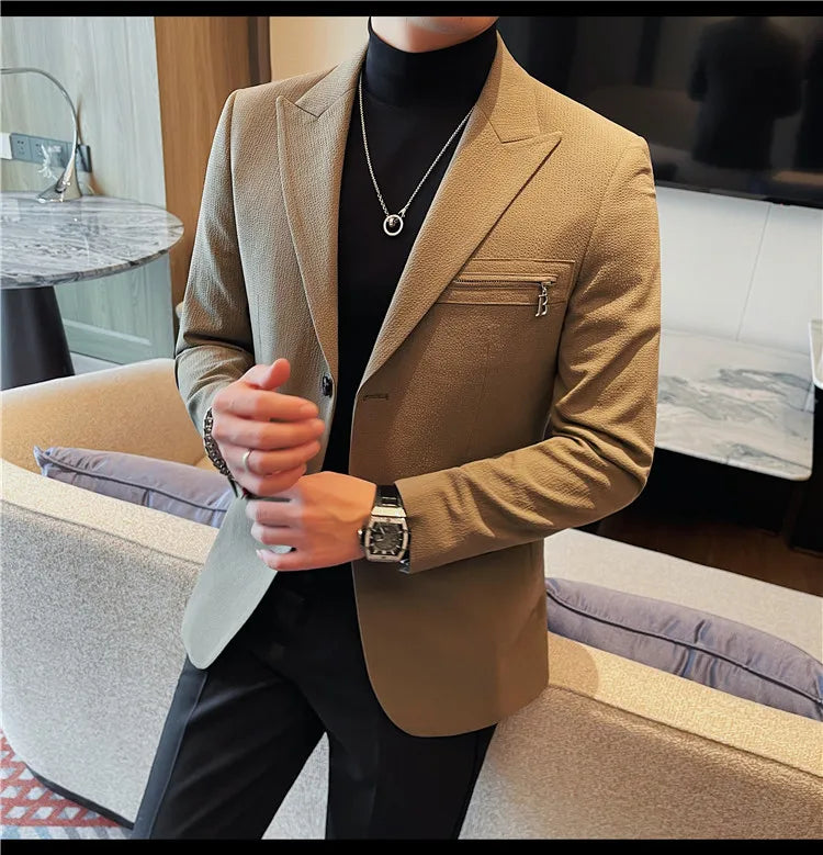 Luxury Business Blazers Men's Zipper Design Slim Fit Casual Office Social Suit Blazer Banquet Party Wedding Groom Dress Coat
