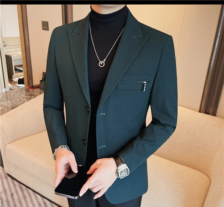 Luxury Business Blazers Men's Zipper Design Slim Fit Casual Office Social Suit Blazer Banquet Party Wedding Groom Dress Coat