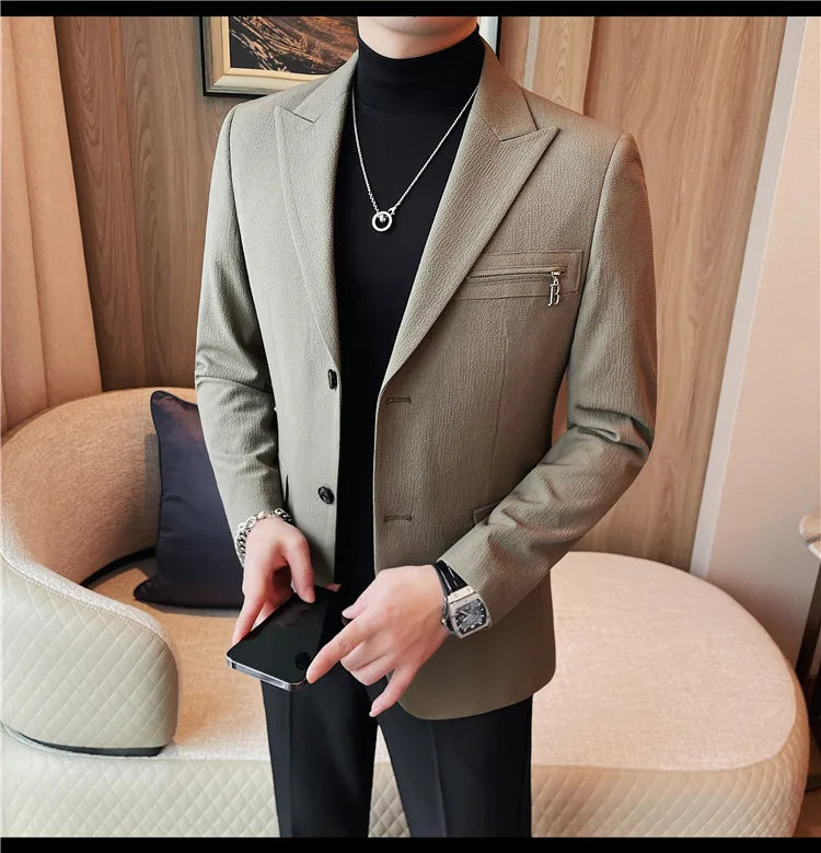 Luxury Business Blazers Men's Zipper Design Slim Fit Casual Office Social Suit Blazer Banquet Party Wedding Groom Dress Coat